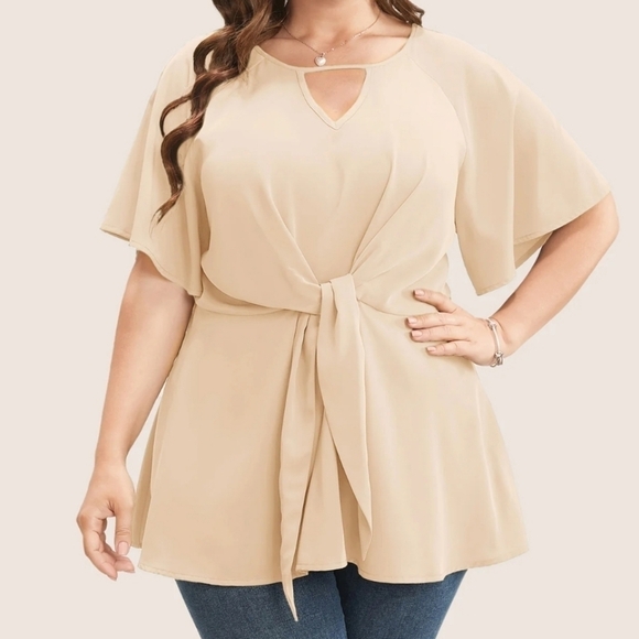 Plain Keyhole Knotted Front Floral Ruffle Sleeve Blouse - Picture 2 of 8